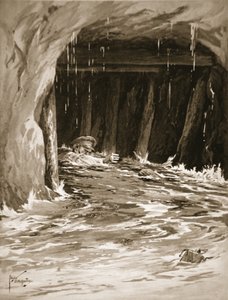 Second-Corporal Collier struggling out of a mine gallery nearly full of water after completing his work