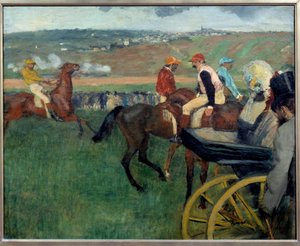 The Racetrack, Amateur Jockeys Near a Car by Edgar Degas