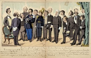 Cartoon on French society by Lavrate: the different figures from the civil service, administrative services at an official reception