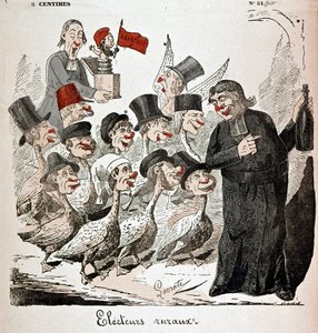 Rural voters: voters represented as geese and attracted by a priest with alcohol - drawing by Lavrate by Edmond Lavrate