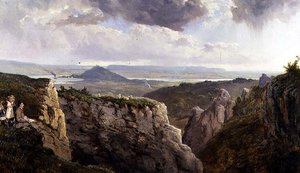 The Elbor Rocks looking towards Glastonbury, with the artist, E.J. Niemann, painted by A.F. de Prades
