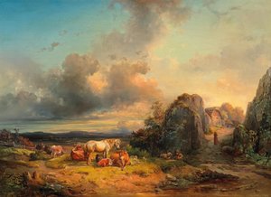 Animal Herd and Figurative Staffage in Front of a Wide Landscape by Edmund Mahlknecht