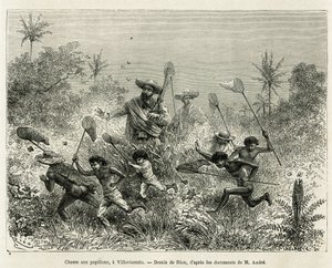 A gang of children hunted for butterflies, accompanied by the author, a Villavicensio (Colombia), drawing by Riou, to illustrate the story of Equinoxiale America (Colombia, Ecuador, Peru), in 1875-1876, by Ed. andre, traveller in charge of mission by the F