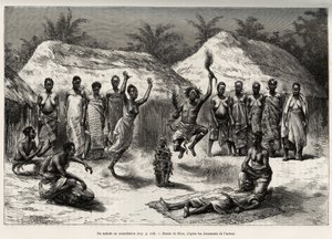 A patient in consultation with the agni (Ivory Coast), the doctor sorcerer performs a dance (engraving by Riou, to illustrate the story 
