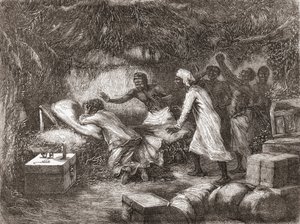 Death of Dr. Livingstone in the village of Tchitammbo, Africa, in 1873, illustration from "The World in the Hands", published 1878