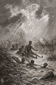 Dr. David Livingstone being carried through a swamp by porters during his expedition to Africa in 1872, illustration from 