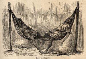 Indian husbands Chontaquiros of Peru sleeping in their bridal hammock. Engraving in Le tour du monde, edited by Edouard Charton