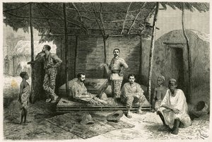 Installation of the mission in Nango, for a 10-month stay, with portraits of Gallieni and his captains Vallière and Pietri, Doctor Tautain as well as his interpreters, guide and cantinière. Engraving by Riou, based on a sketch by the author, to illustrate  by Edouard Riou