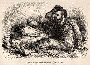 Lieutenant Tyson occupied his morning toilet, a comb before putting on his boots, etched after a drawing by E. Riou, illustrating the story of the Polaris, ice raft by Edouard Riou