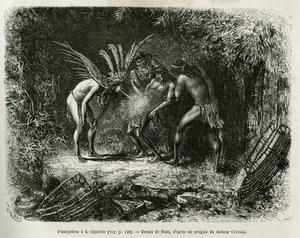 Medical fumigation with cigarettes in the Roucouyan Indians (engraving by Riou, to illustrate the story 