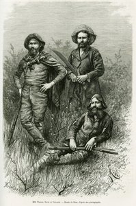 Members of the expedition: Mr. Thouar (lengthening), Mr. Novis (standing left) and Mr. Valverde (standing right). Engraving to illustrate the story Voyage dans le Chaco Boreal. by Edouard Riou