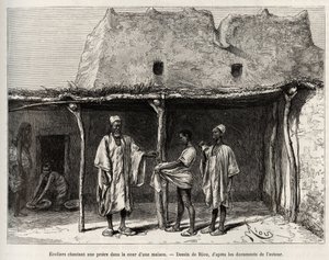 Muslim schoolchildren singing a prayer in the courtyard of a house, practiced in the country of Kong (Niger), the schoolchildren receive a handful of cauris, which they hand over to their teacher and which corresponds to a kind of tax for public education