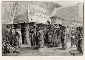 Playing ear ornaments to Batak girls, ethnic group of northern Sumatra. Engraving by Riou to illustrate the story 