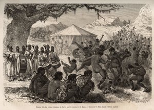 The band of the expedition attracts women and children of the village of Fatiko (Central African Republic). Engraving illustrating an expedition in Central Africa