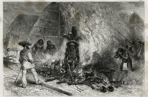 The cremation of a Roucouyenne (or Wayana) (engraving by Riou, to illustrate the voyage of exploration in the interior of Guiana by Dr. Jules Crevaux, doctor of the French navy) by Edouard Riou