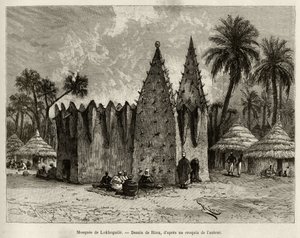 The mosque of Lokhognile. Engraving by Riou, to illustrate the story From Niger to the Gulf of Guinee by Captain Louis Gustave Binger