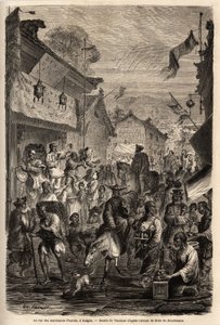 The street of clothing dealers, Kalgan, Mongolia. Illustration for M. de Bourboulon