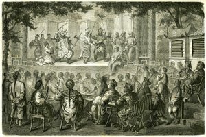 View of a representation of the Opera de Pekin (Beijing), China, after the travel story of Madame de Bourboulon. Engraving after a drawing by Vaumort, in 