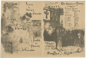 Cover program booklet with advertisement for La Revue Blanche and announcement of the play Au-dessus des forces humaines