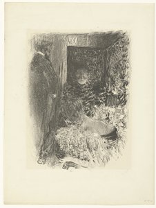 Two women and a man in illuminated interior