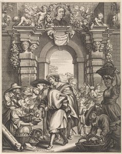 Two Gentlemen Buying Mushrooms at the Market (Title Illustration for: F. van Sterbeeck, Theatrum Fungorum oft het tooneel der Campernoelien, 1675) by Edouard van Ordonie