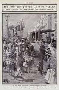 King Edward VII and Queen Alexandra encountering a religious procession on a street during their visit to Naples, Italy by Edouardo Matania