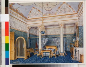 Interiors of the Winter Palace - The Bedchamber of Empress Alexandra Fyodorovna - Watercolour on Paper by Eduard Hau by Eduard Hau