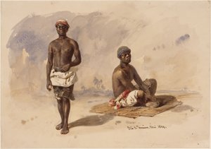Two Afro-Brazilians; one standing, facing forward, the other sitting on a reed mat