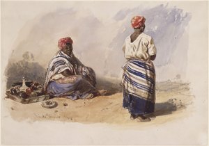 Two Colored Street Vendors; One Sitting Next to a Tray, the Other Standing with Back View by Eduard Hildebrandt