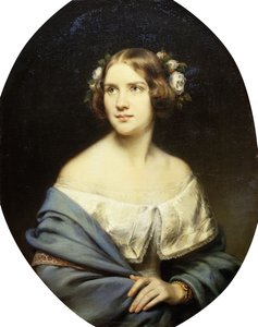 Portrait of Jenny Lind, Standing Half Length in a White Dress and a Light Blue Shawl by Eduard Magnus