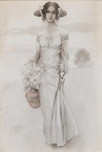 A Girl with a Jug and a Bouquet of Flowers