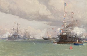 The Entente Cordiale: The Royal Yacht Victoria & Albert III Reviewing the Anglo-French Fleet in Cowes Road by Eduardo de Martino
