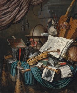 A Globe, a Casket of Jewels and Medallions, Books, Musical Instruments, and a Self-Portrait of the Artist