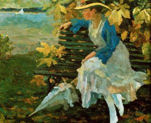 Woman on a Park Bench by a Lake