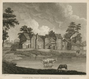View of the pest houses at Tothill Fields, London by Edward Dayes