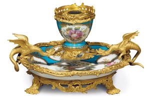 A William IV Sevres-style Turquoise Ground Encrier, 18th Century Porcelain, Ormolu c.1835-40