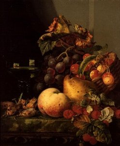 A Still Life of a Glass of Wine, Cherries and Other Fruit on a Ledge