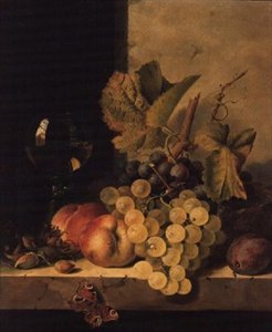 Grapes, Peaches and a Wine Glass on a Ledge