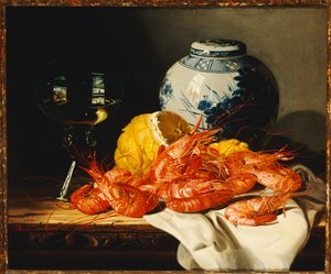 Shrimps, a Peeled Lemon, a Glass of Wine and a Blue and White Ginger Jar on a Draped Table