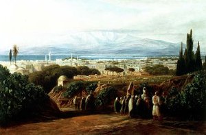 City with cemetery by Edward Lear