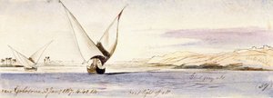 View of the Nile near Golosona (Egypt), with a traditional Egyptian boat sailing by Edward Lear