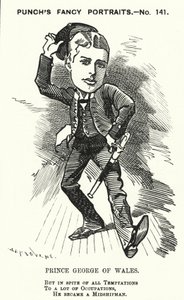 Punch cartoon: Prince George of Wales, the future King George V, as a midshipman in the Royal Navy by Edward Linley (after) Sambourne
