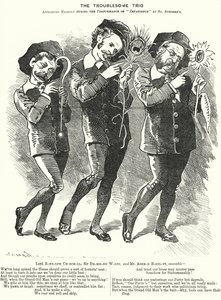 Punch cartoon: The Troublesome Trio: Lord Randolph Churchill, Henry Drummond Wolff and Ellis Ashmead-Bartlett, British Conservative politicians by Edward Linley (after) Sambourne