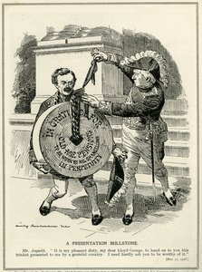 A Presentation Millstone, Prime Minister Asquith presents Chancellor of the Exchequer, Lloyd George, with the Old Age Pensions scheme, 1908