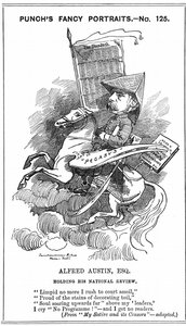 Alfred Austin British poet laureate from 1896. Cartoon by Edward Linley Sambourne in the Fancy Portraits series in Punch, London, 3 March 1883, when Austin became editor of National Review. Engraving. by Edward Linley Sambourne