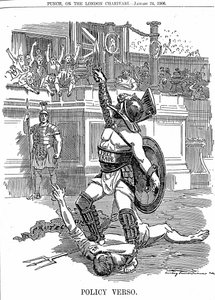 With Return of Liberal Government in Britain, December 1905, Free Trade Was the Policy, Rather Than the Conservative Policy of Protection by Tariff. Cartoon by Edward Linley Sambourne from Punch London 24 January 1906 by Edward Linley Sambourne
