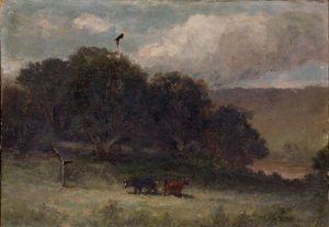 Untitled (landscape with trees and two cows in meadow)