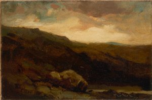 Untitled (mountainous landscape with rock and stream in foreground)