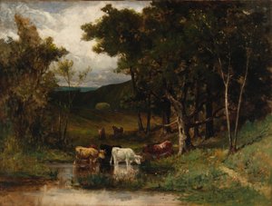 Untitled landscape with cows in stream near trees by Edward Mitchell Bannister