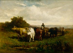 Untitled Man on Horseback, Woman on Foot Driving Cattle